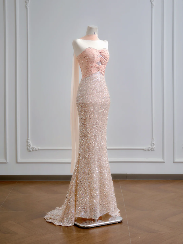 Light pink strapless, fitted waist, bodycon, sexy long ball gown R8183
