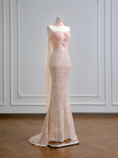 Light pink strapless, fitted waist, bodycon, sexy long ball gown R8183
