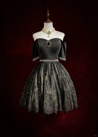 Black tube top waist slim backless design lace skirt design puffy skirt homecoming dress R4934