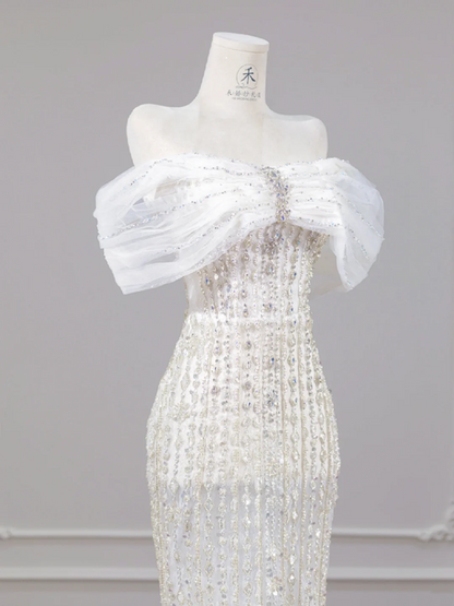 White, sparkling, off-the-shoulder, fitted, bodycon long ball gown/bridal dress R8267
