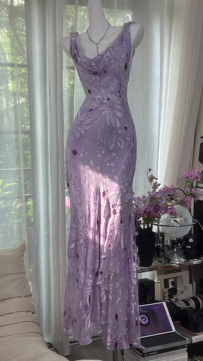 Light purple halter neck, fitted waist, bodycon long ball gown R7622