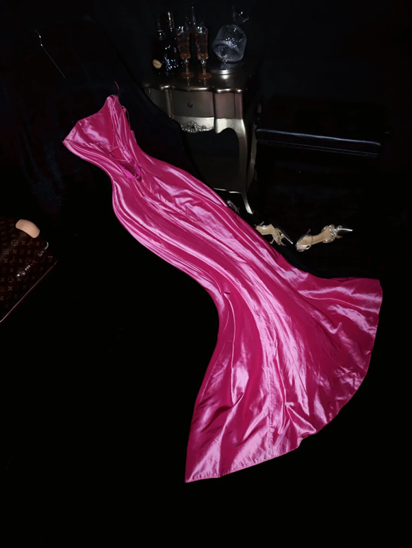 Rose pink off-shoulder halter-neck fitted long ball gown R6906