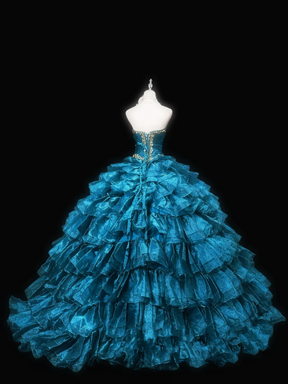 Peacock green strapless fitted waist puffy cake skirt long ball gown R8690