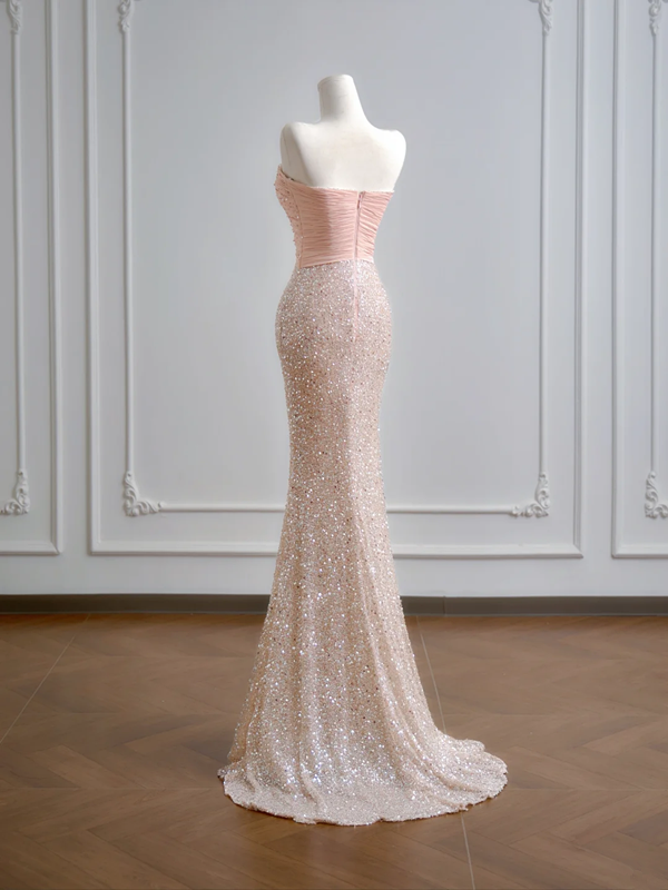 Light pink strapless, fitted waist, bodycon, sexy long ball gown R8183
