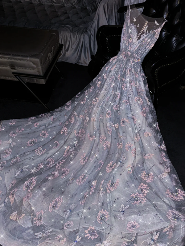 Light gray-blue round neck fitted waist sexy long ball gown, bridal dress R8753