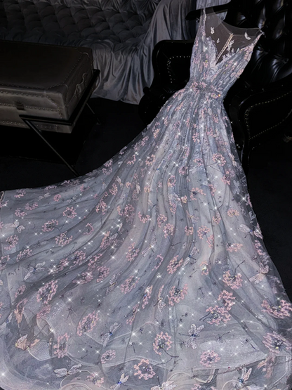 Light gray-blue round neck fitted waist sexy long ball gown, bridal dress R8753