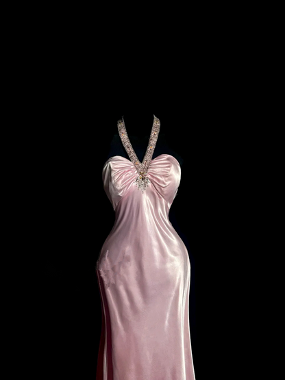Pink halter neck fitted waist sexy long ball gown R6627