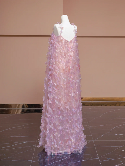 Light pink halter-neck straight long ball gown, bridal dress R8325