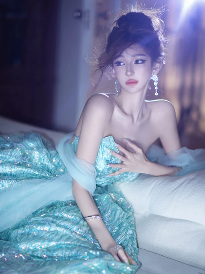 Light blue strapless, fitted waist, backless, sexy, long ball gown with a flared skirt R7066