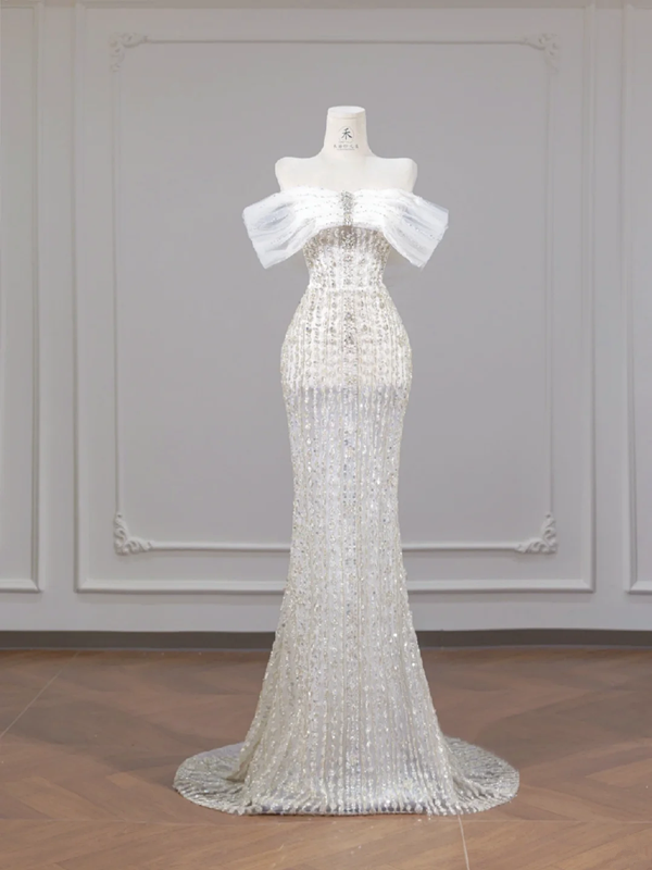 White, sparkling, off-the-shoulder, fitted, bodycon long ball gown/bridal dress R8267