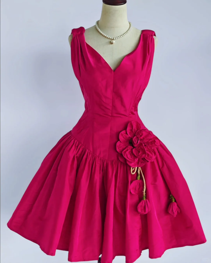 Rose red sleeveless slim waist A-line long skirt homecoming dress R4204