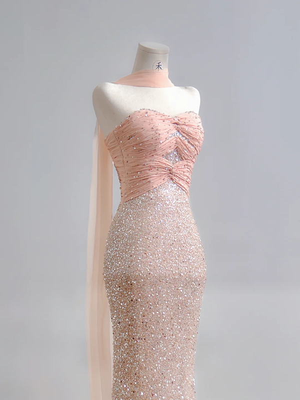 Light pink strapless, fitted waist, bodycon, sexy long ball gown R8183