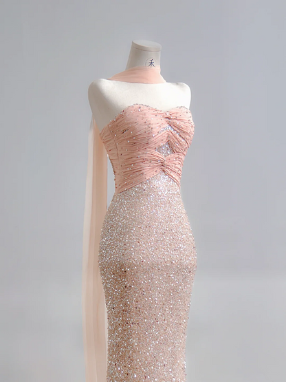 Light pink strapless, fitted waist, bodycon, sexy long ball gown R8183