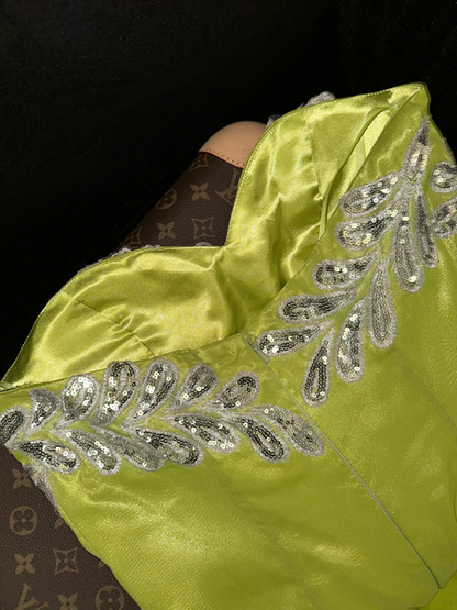 Yellow-green strapless, fitted, bodycon, mermaid-style long ball gown R6986