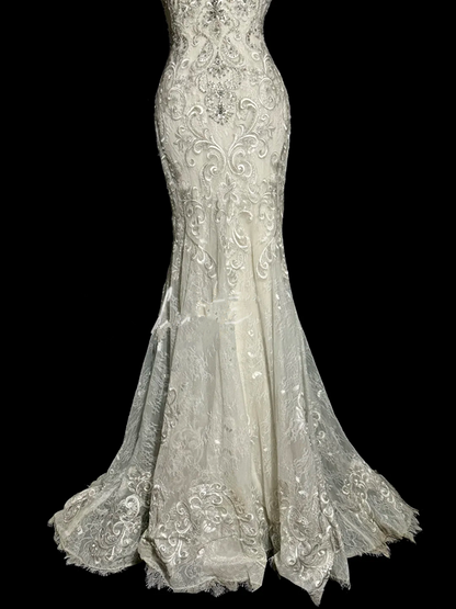 White halter-neck lace fitted bodycon long ball gown R6667