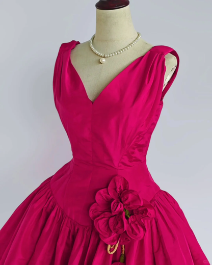Rose red sleeveless slim waist A-line long skirt homecoming dress R4204