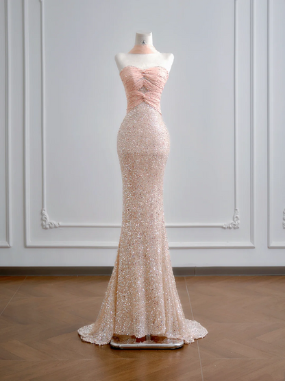 Light pink strapless, fitted waist, bodycon, sexy long ball gown R8183
