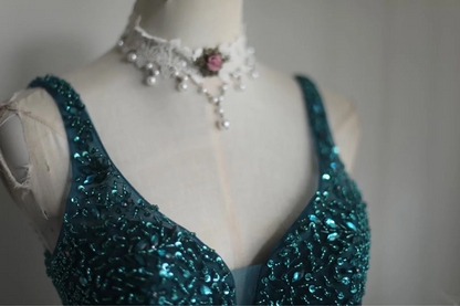 Dark green sequined halter-neck fitted long ball gown R6786
