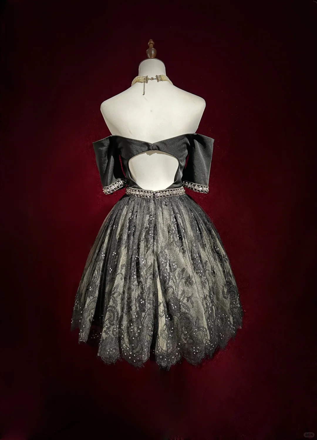 Black tube top waist slim backless design lace skirt design puffy skirt homecoming dress R4934