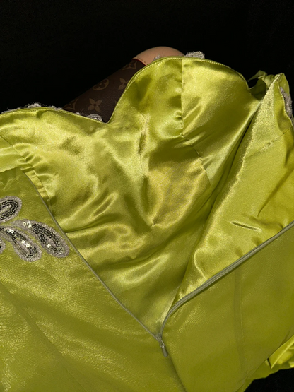 Yellow-green strapless, fitted, bodycon, mermaid-style long ball gown R6986