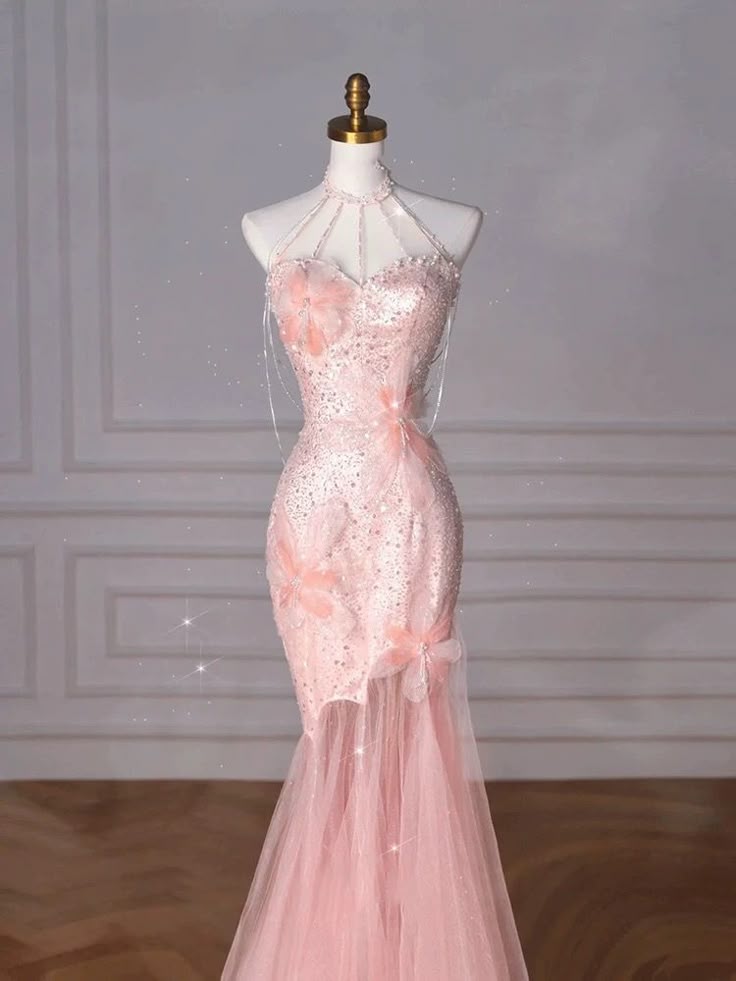 Pink halter neck slim waist hip-hugging fishtail maxi skirt, prom dress R5310