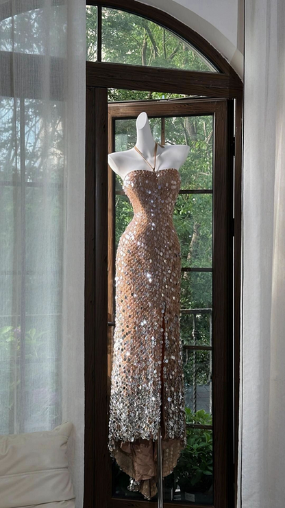 Light brown sequined halter neck fitted waist bodycon long ball gown R6547
