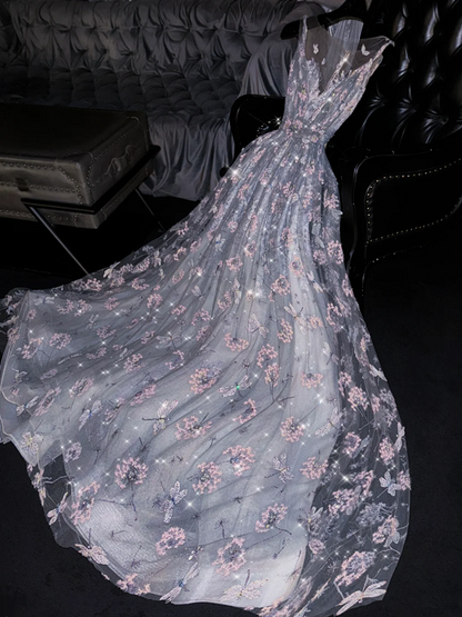 Light gray-blue round neck fitted waist sexy long ball gown, bridal dress R8753
