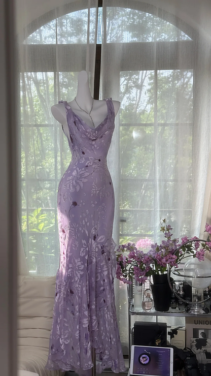 Light purple halter neck, fitted waist, bodycon long ball gown R7622