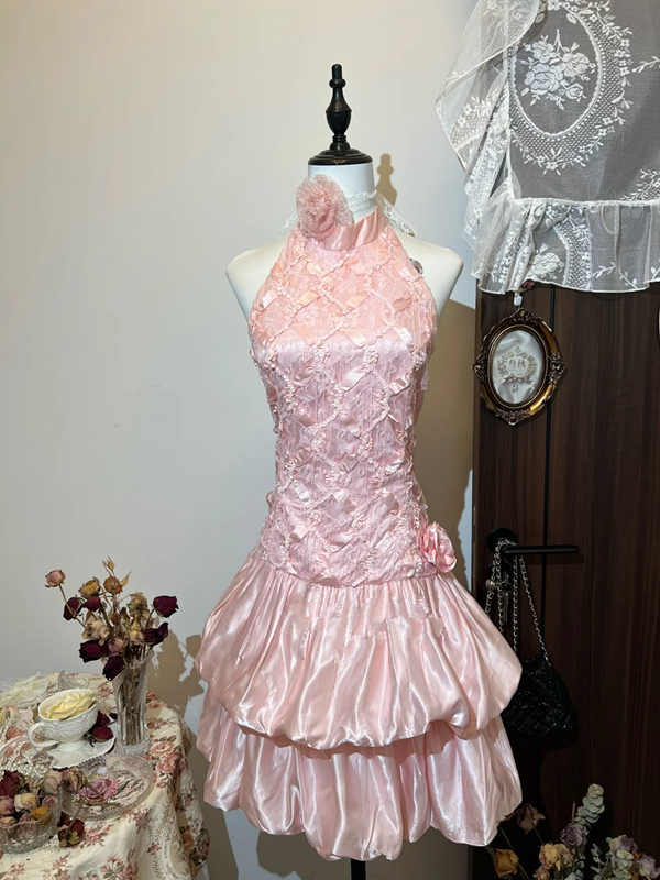 Pink halter neck slim waist flower bud cute short skirt homecoming dress R4243