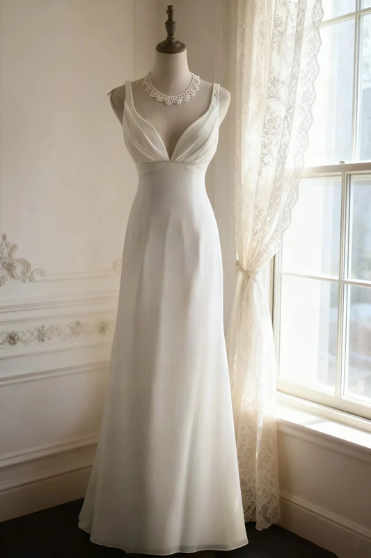 White halter-neck, fitted waist, backless, sexy long ball gown R6747