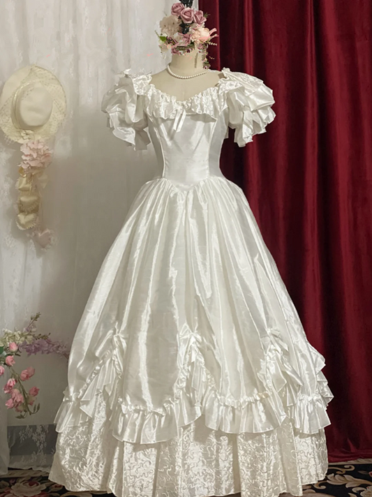 White Vintage Court-Style Satin Waist-Cinched Slim-Fit Floor-Length Ball Gown, Bridal Gown R7352