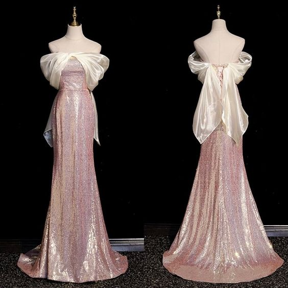 Pink Off Shoulder Sequins Mermaid Long Formal Party Dress MD7416