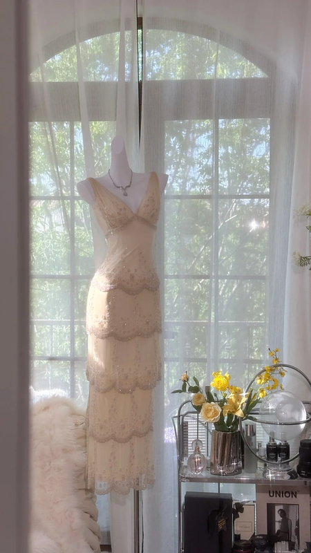 Light yellow V-neck fitted waist slim hip-hugging sexy long ball gown R7661