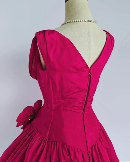 Rose red sleeveless slim waist A-line long skirt homecoming dress R4204