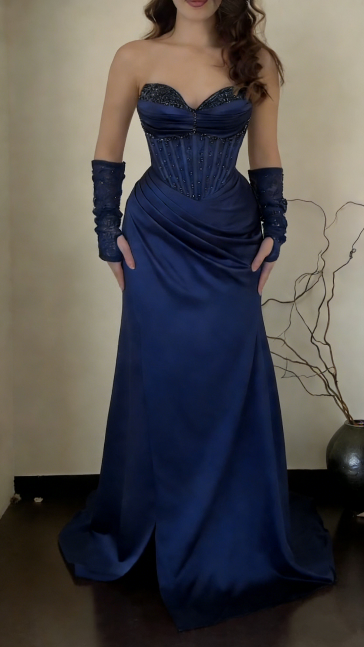 Glamorous Navy Blue Satin Beaded Mermaid Long Party Dress Prom Dress ,Strapless Formal Wedding Guest Dress SP1563