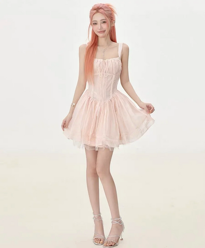 Light pink suspender waist slim A-line short skirt homecoming dress R5237