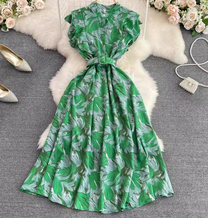 Gentle style stand-up collar, slim waist, printed A-line long swing dress 2025 high waist elegant long skirt R0359