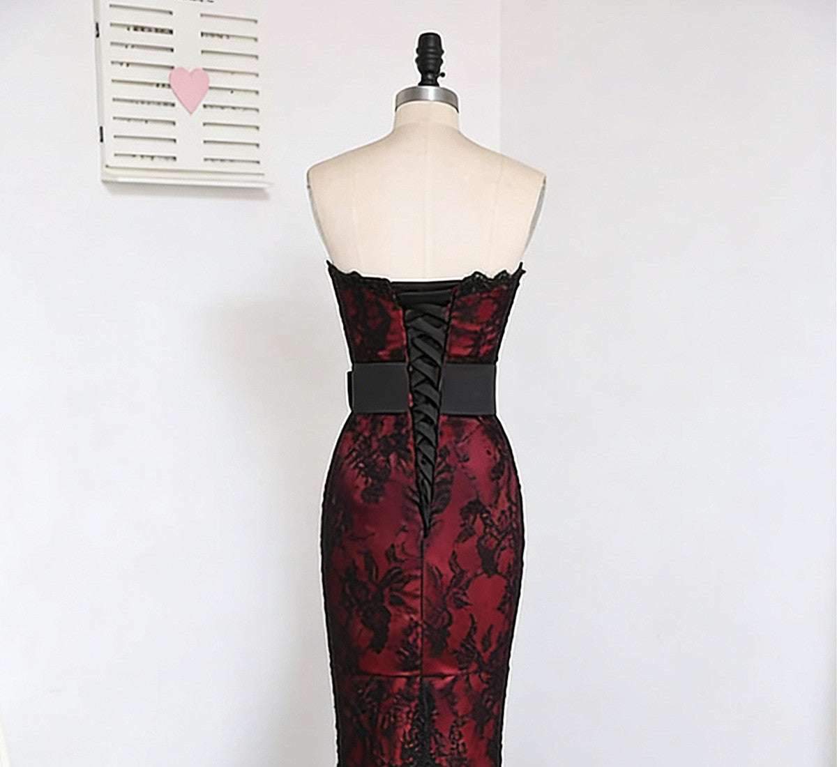 Black and Red Satin with Lace Mermaid Prom Dress, Vintage Style Long Party Dress