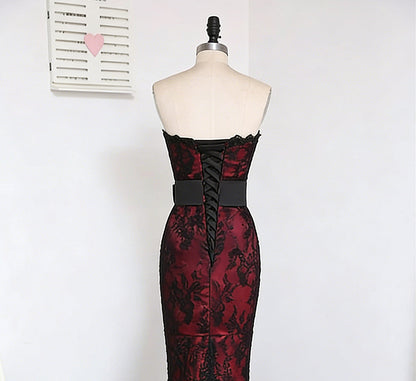 Black and Red Satin with Lace Mermaid Prom Dress, Vintage Style Long Party Dress