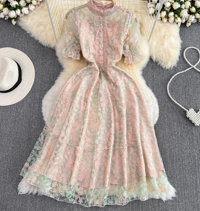 Light luxury heavy work stand collar embroidered lace waist slimming A-line dress long dress R0397