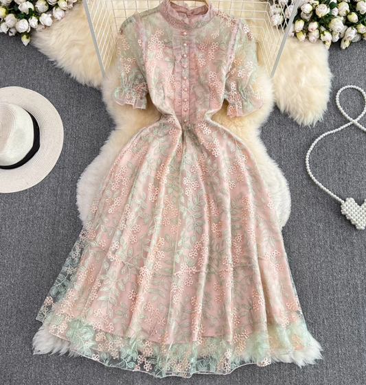 Light luxury heavy work stand collar embroidered lace waist slimming A-line dress long dress R0397