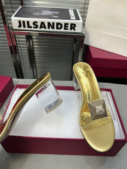 Heeled Sandals 6cm with Crystal Square Buckle Gold