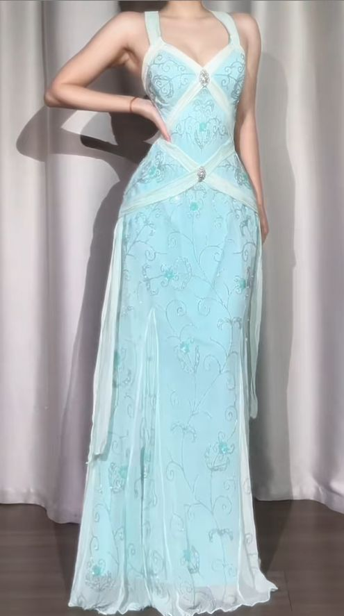 Classy Light Blue V Neck Chiffon Beaded Mermaid Long Party Dress Backless Evening Gown