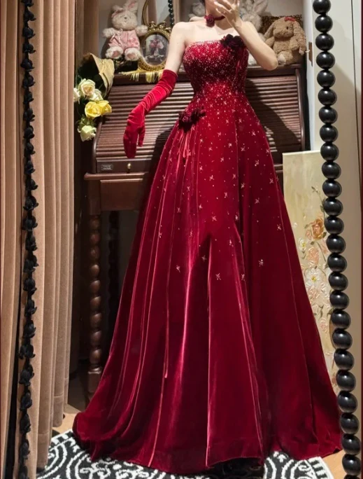 Vintage Strapless Red Velvet Sequin Beaded Long Evening Gown Party Dress