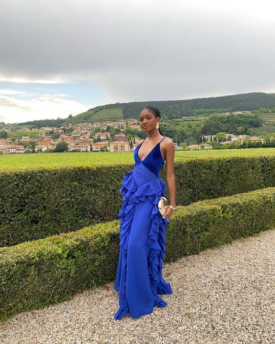 Royal Blue V Neck Straps Ruffles Mermaid Long Formal Party Dress MD7301