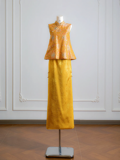 Gold Chinese-style neckline fitted top and skirt set, ball gown, bridal dress R8134