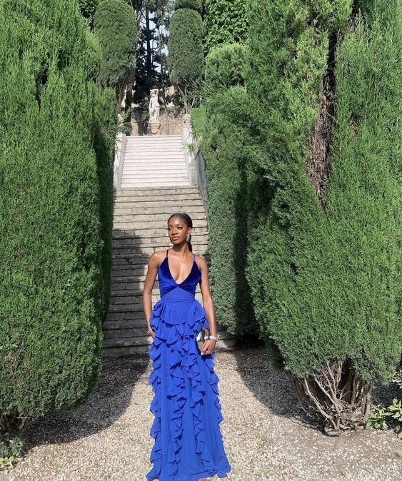 Royal Blue V Neck Straps Ruffles Mermaid Long Formal Party Dress MD7301