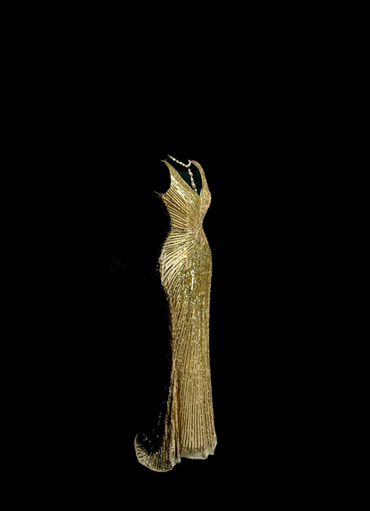 Gold halter-neck beaded fitted waist sexy long ball gown R6628