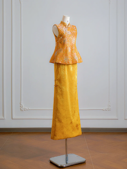 Gold Chinese-style neckline fitted top and skirt set, ball gown, bridal dress R8134