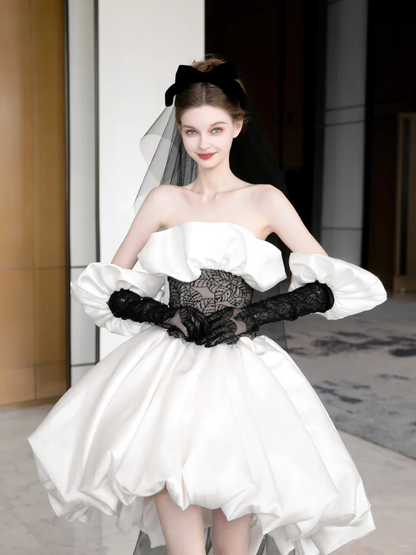 White satin tube top waist black lace sexy high-end elegant skirt short skirt homecoming dress R4205